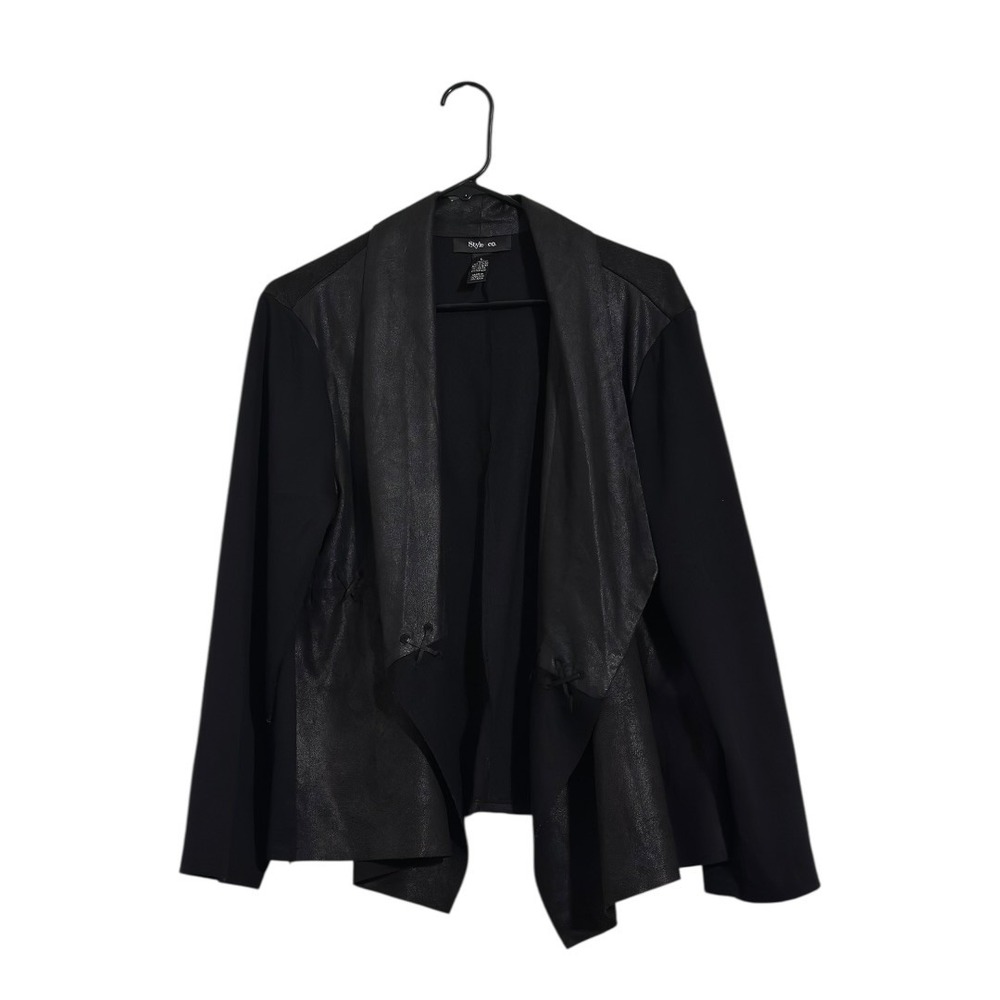 Style & Co Womens Faux Leather‎ Mixed Media Draped Open Front Jacket Black Large